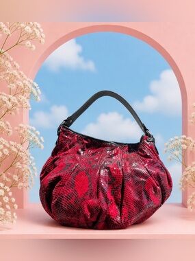 Nine West Red Snakeskin-Effect Pleated Hobo with Black Trim